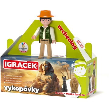

Efko Igráček Archeolog s egyptskými vykopávkami masky faraona a sošky bohyně Bastet