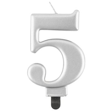 Narozeninová svíčka na dort - 5 - metalická stříbrná - 8 cm