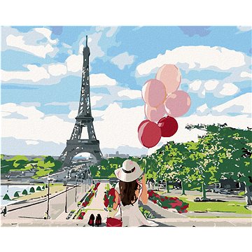 

Diamondi - ŽENA S BALONKY PŘED EIFFELOVKOU, 40x50 cm, vypnuté plátno na rám