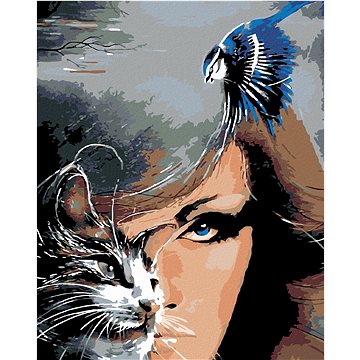 

Diamondi - ŽENA KOČKA A MODRÝ PTÁČEK, 40x50 cm, vypnuté plátno na rám
