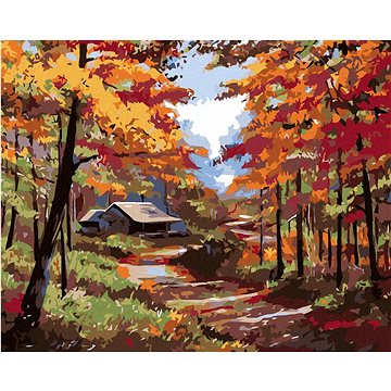

Diamondi - CHALUPA V PODZIMNÍM LESE, 40x50 cm, vypnuté plátno na rám