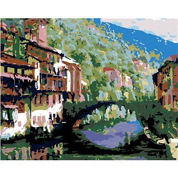 

Diamondi - ŘEKA MEZI DOMY A OBROSTLÝ MŮSTEK, 40x50 cm, vypnuté plátno na rám