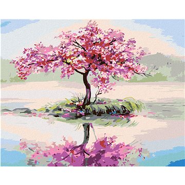 

Diamondi - ROZKVETLÁ SAKURA U JEZERA, 40x50 cm, vypnuté plátno na rám