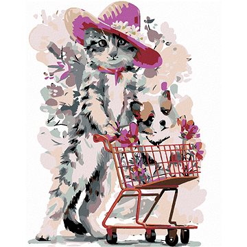 

Diamondi - KOTĚ A ŠTĚNĚ V NÁKUPNÍM KOŠÍKU, 40x50 cm, vypnuté plátno na rám