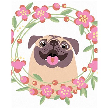 

Diamondi - ŠŤASTNÝ MOPS S KVĚTINAMI, 40x50 cm, bez rámu a bez vypnutí plátna