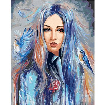 

Diamondi - ŽENA S MODRÝMI PTÁČKY, 40x50 cm, vypnuté plátno na rám