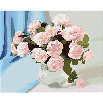 

Diamondi - RŮŽOVÉ KVĚTINY VE VÁZE A MODRÝ ZÁVĚS, 40x50 cm, vypnuté plátno na rám