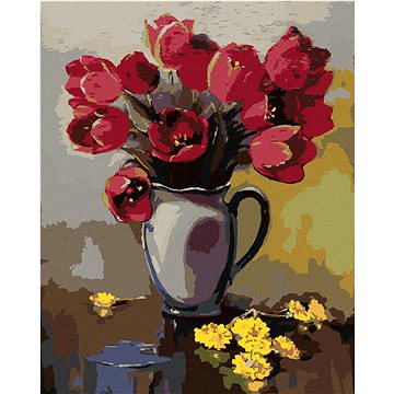 

Diamondi - TULIPÁNY VE VÁZE A PAMPELIŠKY NA STOLE, 40x50 cm, vypnuté plátno na rám