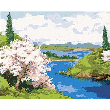 

Diamondi - KVETOUCÍ STROMY NA BŘEHU KLIKATÉ ŘEKY, 40x50 cm, vypnuté plátno na rám