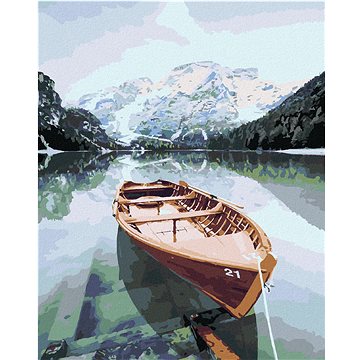 

Diamondi - DŘEVĚNÁ LOĎKA NA ALPSKÉM JEZEŘE, 40x50 cm, vypnuté plátno na rám