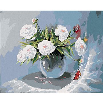 

Diamondi - BÍLÉ KVĚTINY VE VÁZE A MOTÝL, 40x50 cm, vypnuté plátno na rám