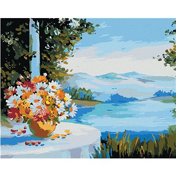 

Diamondi - DŮM U MOŘE S KVĚTINAMI NA STOLE, 40x50 cm, vypnuté plátno na rám
