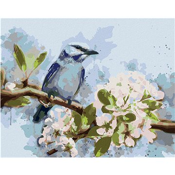 

Diamondi - Diamantové malování - MODRÝ PTÁK NA ROZKVETLÉ TŘEŠNI, 40x50 cm, Vypnuté plátno na rám