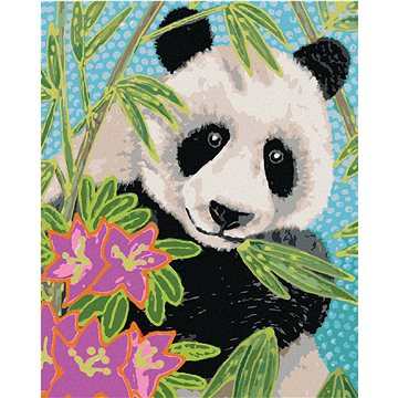 

Diamondi - PANDA S BAMBUSEM A KVĚTINAMI, 40x50 cm, vypnuté plátno na rám