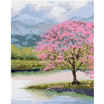 

Diamondi - ROZKVETLÁ SAKURA U VODY, 40x50 cm, vypnuté plátno na rám