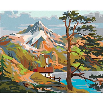 

Diamondi - DOMEK U JEZERA POD HORAMI, 40x50 cm, vypnuté plátno na rám