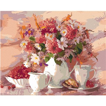 

Diamondi - KVĚTINY V BÍLÉ VÁZE S BÍLÝM ŠÁLKEM, 40x50 cm, vypnuté plátno na rám