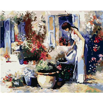 

Diamondi - DÍVKA ZALÉVAJÍCÍ KVĚTINY, 40x50 cm, bez rámu a bez vypnutí plátna