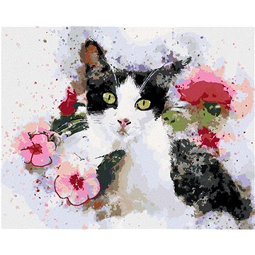 

Diamondi - ČERNOBÍLÁ KOČKA A RŮŽOVÉ KVĚTINY, 40x50 cm, bez rámu a bez vypnutí plátna