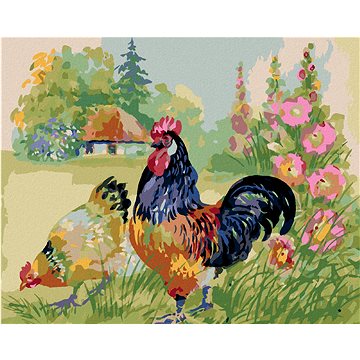 

Diamondi - KOHOUT SE SLEPICÍ OBKLOPENI KVĚTINAMI, 40x50 cm, vypnuté plátno na rám