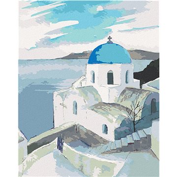 

Diamondi - KOSTEL S MODROU KOPULÍ NA SANTORINI, 40x50 cm, vypnuté plátno na rám