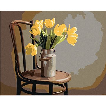 

Diamondi - ŽLUTÉ TULIPÁNY V KONVICI NA MLÉKO NA ŽIDLI, 40x50 cm, vypnuté plátno na rám