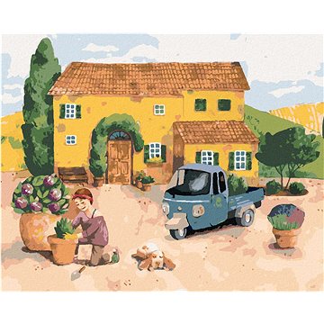

Diamondi - ŽENA SADÍCÍ KVĚTINY U DOMU V PROVANCE, 40x50 cm, vypnuté plátno na rám