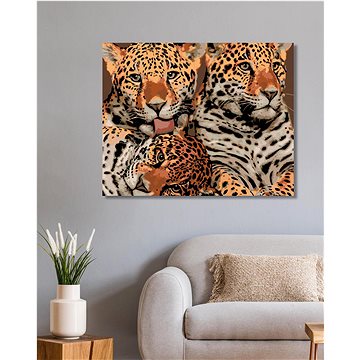 

Diamondi - MATKA JAGUÁRA A DVĚ MLÁĎATA, 40x50 cm, vypnuté plátno na rám