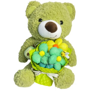 

ANNAM Zelený plyšový medvěd s kyticí v průhledném boxu 30 cm