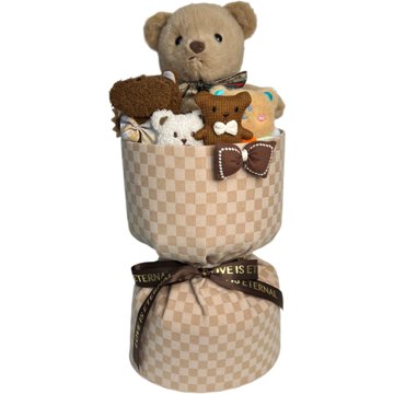 

ANNAM Hnědá plyšová medvědí kytice, 7 medvědů, 1 lev v průhledném boxu 47 × 20 cm