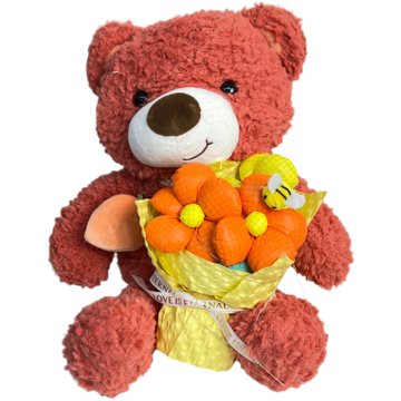 

ANNAM Oranžový plyšový medvěd s kyticí v průhledném boxu 30 cm