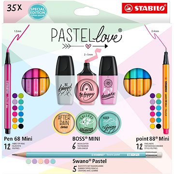 

STABILO Pastellove - 35 ks - jemné linery, prémiové vláknové fixy, zvýrazňovače a grafitové tužky