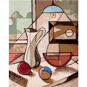 

Abstraktní zátiší se džbánem a ovocem, 40×50 cm, vypnuté plátno na rám