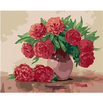 

Červené pivoňky v keramické váze, 40×50 cm, vypnuté plátno na rám