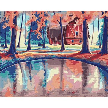 

Červený dům v lese s magickým jezerem, 40×50 cm, vypnuté plátno na rám