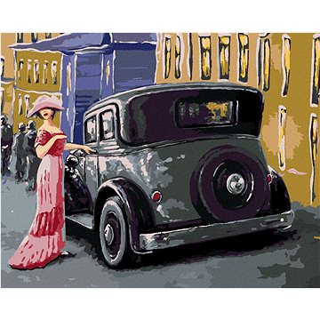 

Dáma v růžových šatech u auta, 40×50 cm, vypnuté plátno na rám