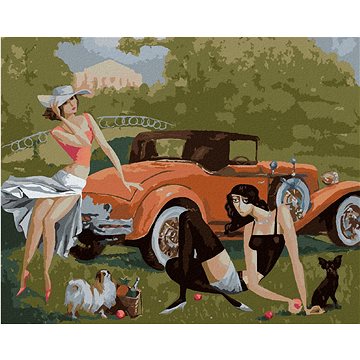 

Dámy se psy u auta, 80×100 cm, vypnuté plátno na rám