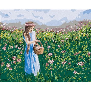 

Dívka sbírající květiny do košíku, 80×100 cm, vypnuté plátno na rám