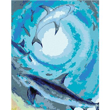 

Hejno žraloků a ryb plavající v temném moři, 40×50 cm, vypnuté plátno na rám