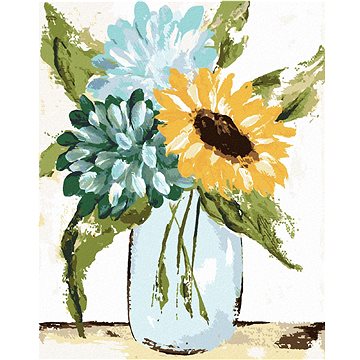 

Hortenzie a slunečnice ve váze 2 (Haley Bush), 40×50 cm, vypnuté plátno na rám