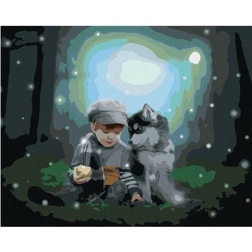 

Husky a chlapeček v lese, 40×50 cm, vypnuté plátno na rám