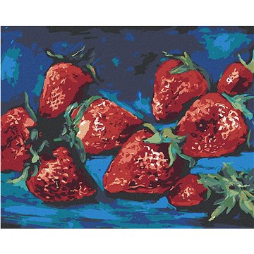 

Jahody na modrém pozadí, 40×50 cm, vypnuté plátno na rám