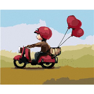 

Kluk se srdíčkovými balónky na skútru, 40×50 cm, bez rámu a bez vypnutí plátna