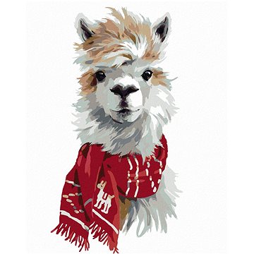 

Lama s červenou šálou, 40×50 cm, vypnuté plátno na rám