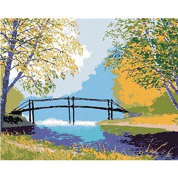 

Les s lávkou přes řeku, 80×100 cm, bez rámu a bez vypnutí plátna