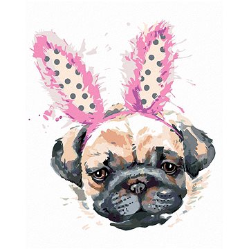 

Mops s čelenkou, 40×50 cm, bez rámu a bez vypnutí plátna