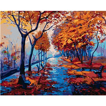 

Podzimní lesopark s prázdnými lavičkami, 40×50 cm, vypnuté plátno na rám
