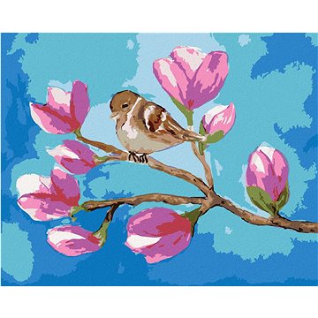

Sedící vrabec na větvi s květy magnólie, 40×50 cm, vypnuté plátno na rám