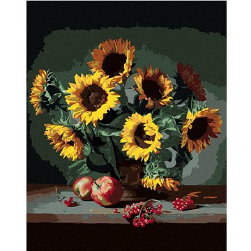 

Slunečnice s jablky a rybízem, 40×50 cm, vypnuté plátno na rám