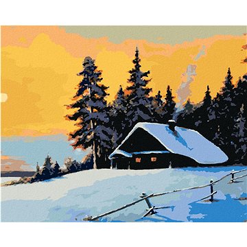 

Srub v zimním lese a západ slunce, 40×50 cm, vypnuté plátno na rám